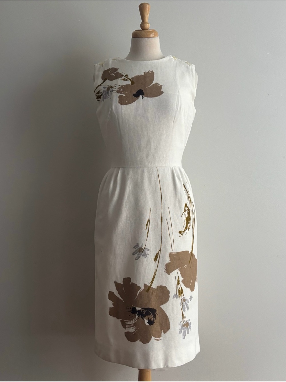 Vintage 1960s Winter White with Brown & Grey Painterly Floral Dress / 26 waist